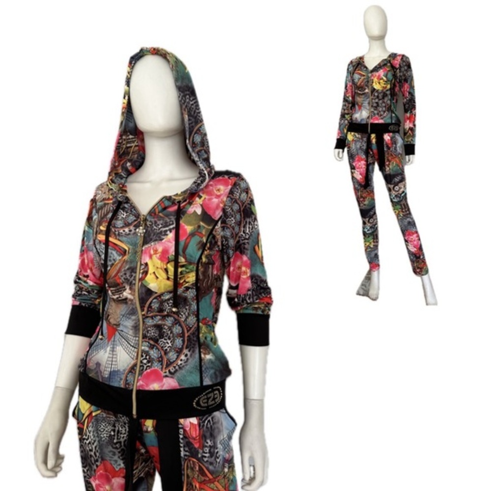 NWT EZE WOMEN'S LYCRA TRACKSUIT 2PC‎ SET JACKET/PANTS HOODED ZIPED FLORAL PRINT